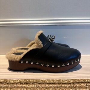 Hermes Carlotta Black Shearling Fur Clog Size 35